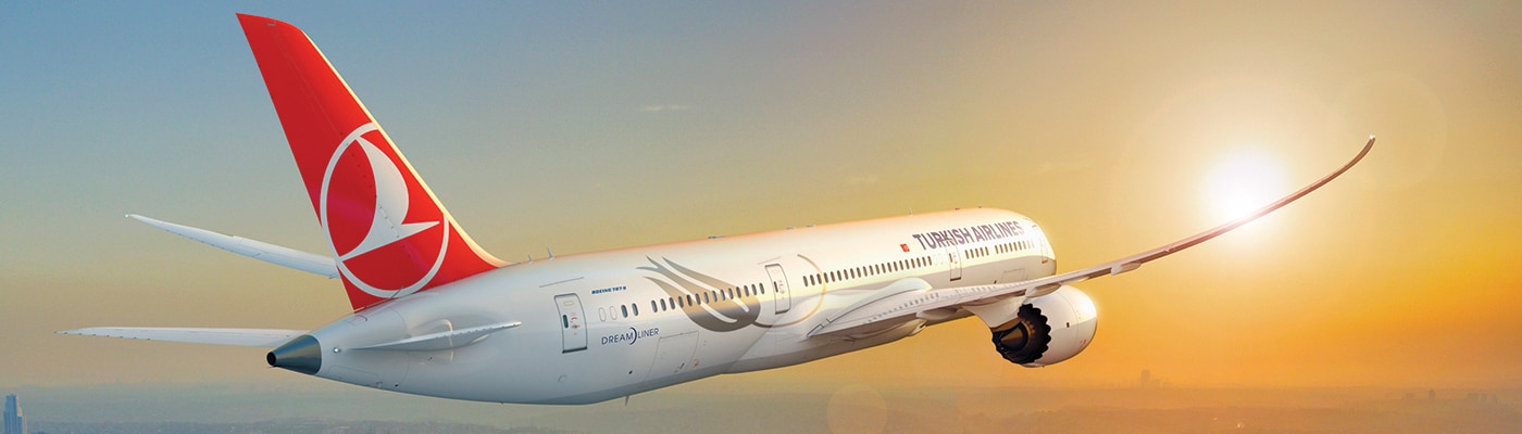 Gün batımında uçan Türk Hava Yolları Dreamliner uçağı
